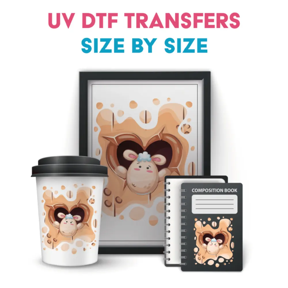 Size By Size UV DTF Transfers by MAYA DTF in Austin Texas for custom waterproof decals on tumblers, mugs, glass, plastic, metal, and hard surfaces with nationwide shipping